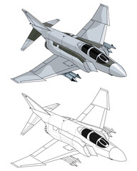 Set F-4 military aircraft design in lineart and colored style from side view. Vector illustration colorful F-4 phantom fighter jet. Outline drawing united states modern combat aeroplane F4.