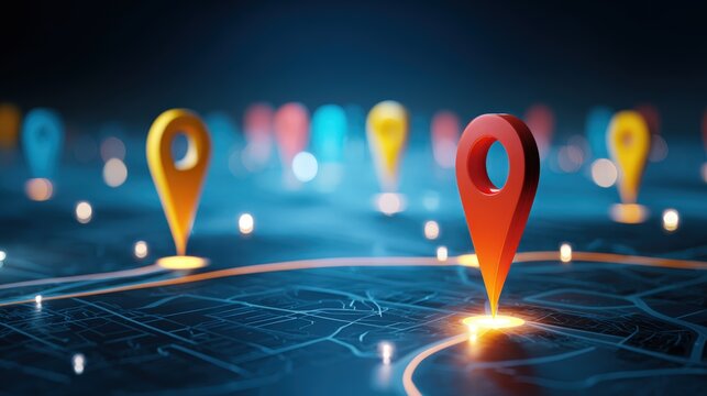 Location Pins on a Digital Map Interface Displaying Navigation, Connectivity, Global Positioning and Cartography