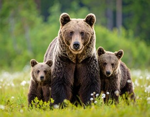 Fototapeta premium A powerful brown bear sow stands protectively with her two playful cubs in a lush green meadow, a tender portrait of a wild animal family in their natural habitat.