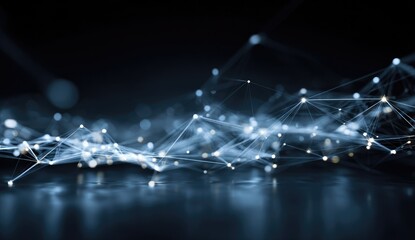 Abstract network graphic.  Delicate, luminous lines and points connect in a complex, flowing web against a dark background.  Soft reflections suggest a surface