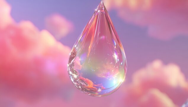 A vibrant, iridescent teardrop against a pastel pink sky