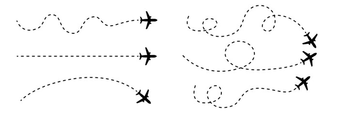 Airplane dashed route paths vector set, doodle dotted flight lines with looping trails, jet silhouettes, travel navigation waypoints, curved and straight trajectories