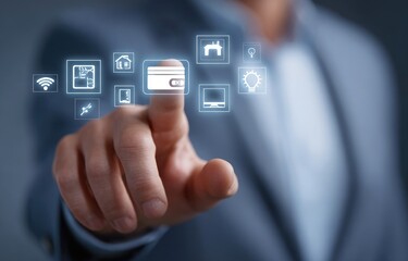 Close-up of hand touching a credit card icon over a futuristic interface