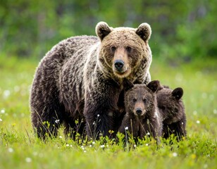 Fototapeta premium A powerful brown bear sow stands protectively with her two playful cubs in a lush green meadow, a tender portrait of a wild animal family in their natural habitat.