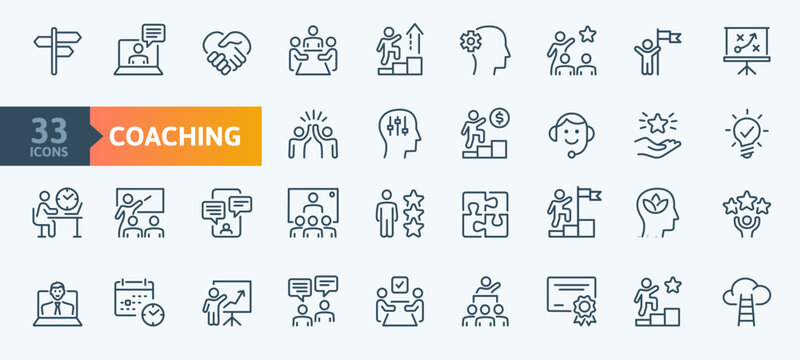 Coahing - Outline Icon Collection. Thin Line Set contains such Icons as Motivation, Potential, Goal, Support, Training, Success and more. Simple web icons set.