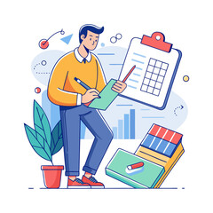 Professional male executive writing in business planner for daily work schedule, vector illustration in clean style with white background