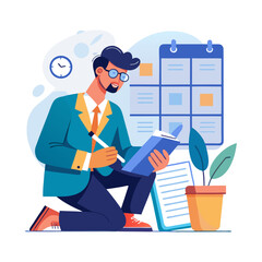 Professional male executive writing in business planner for daily work schedule, vector illustration in clean style with white background