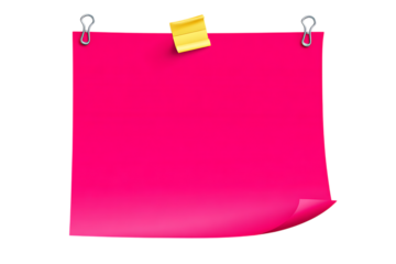 Pink sticky note attached with binder clips and a yellow sticky note transparent PNG isolated background