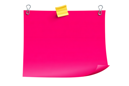 Pink sticky note attached with binder clips and a yellow sticky note transparent PNG isolated background