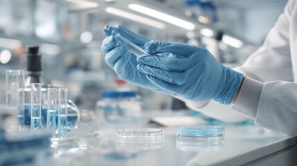 Hands in blue gloves handling test tubes in a laboratory setting during a scientific experiment