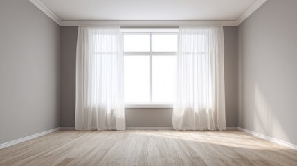 Fototapeta premium Bright Empty Room with Natural Light, White Curtains, Wood Floor, and Neutral Gray Walls