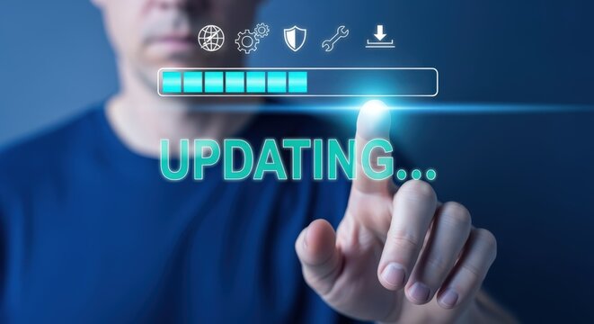 Software Update Concept: Man Interacting with Digital Progress Bar for Installation and System Upgrade - Powered by Adobe