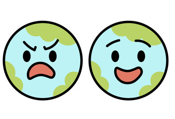 Angry and smiling Earth characters illustration for environmental awareness, eco campaigns, and climate change concepts