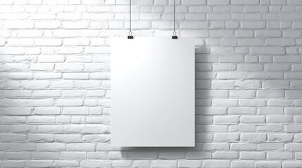 Blank White Poster Hanging on a White Brick Wall Mockup, Ideal for Presentations and Creative Projects