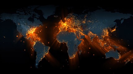 Global Connectivity Map with Illuminated City Lights Displaying Network and Data Transfer Across Continents