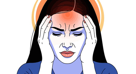 Woman experiencing intense headache, hands on temples, eyes closed, pained expression.