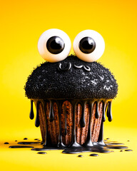 Bittersweet Surrealism style: cute cupcake with eyes and dripping black liquid