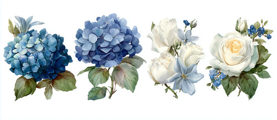Floral watercolor shows white and blue flowers on a white surface. Perfect for stationery design, wedding invites, and romantic branding.