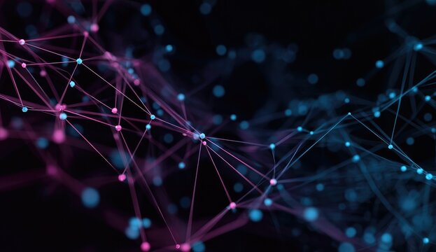 Abstract network of interconnected points and lines in pink and blue