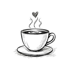 (Coffee Cup with Heart Steam Sketch Art. Hand-drawn minimalist monochrome depiction of a steaming beverage in a mug with a heart, symbolizing affection and cozy moments.)