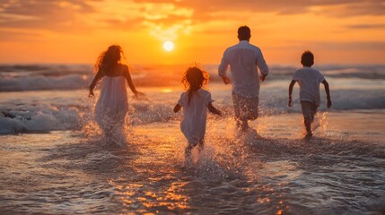 Fototapeta premium Family walking in shallow water at sunset.