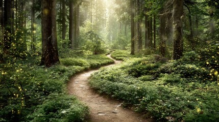 Fototapeta premium Enchanting Forest Path: Serene Woodland Landscape with Sunlight Streaming Through the Trees, Creating a Magical Atmosphere