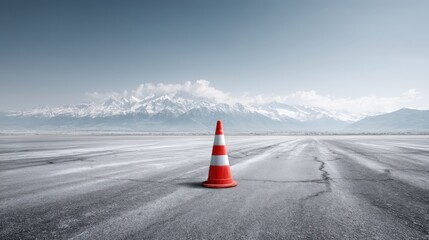 Traffic Cone on Asphalt Road with Distant Mountain Range Under a Bright Sky