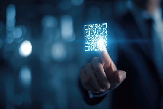 Close-up of hand hovering over glowing QR code