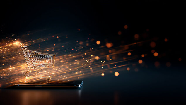 A digital shopping cart emerges from an open smartphone screen, with glowing particles and light trails representing activity in the online marketplace