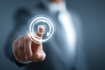 Businessperson's finger touches a glowing delete/recycle icon