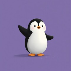 Obraz premium Cute cartoon penguin waving in simple flat vector style on purple background, minimalistic 2D design with clean shapes and solid colors, perfect for children’s app logo, or playful graphic use.