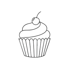 (Sweet Cupcake with Cherry Outline Icon. Minimalist vector art of a delicious baked treat. This simple graphic symbolizes joy and celebration, ideal for diverse design projects.)