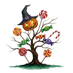 Halloween Themed Pumpkin with Candies on Spooky Tree for Fun and Festive Artwork