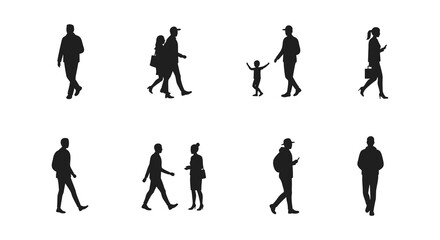 Silhouette Crowd of People Walking in Different Poses Isolated on White