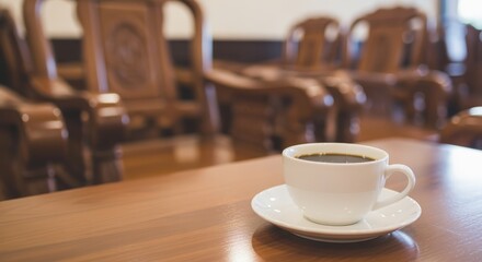 Fototapeta premium Elegant Coffee Break: White Cup of Black Coffee on Wooden Table in Classic Setting