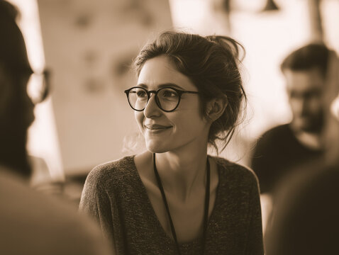 A soft-focus photograph, creating a warm and inviting atmosphere. A female director and her team are having a casual but focused discussion about data.