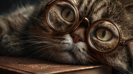 A tabby cat with round glasses lying on a book looks directly at the viewer with intense eyes