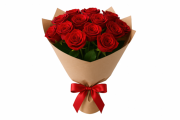 Elegant Bouquet of Deep Red Roses Tied with a Satin Ribbon, Presented in Kraft Paper Packaging