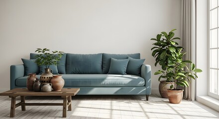 Bohemian Living Room Interior with Teal Sofa and Vintage Door 

