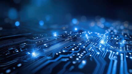 Obraz premium Advanced Technology Circuit Board Design with Blue Light, Futuristic Computing and Digital Innovation Concept