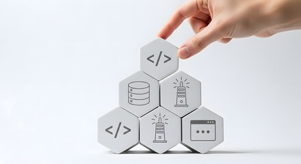 Hand building a software development structure with technology stack icons. Web application architecture and coding concept