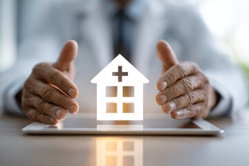 Doctor's hands protect a hospital icon over a tablet