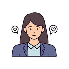 (Professional Woman with Heart Icons. An amiable illustration of a cheerful female. This artwork represents positive feedback, online engagement, and emotional connections.)