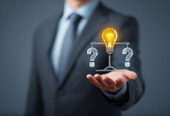 Businessman holds a scale with a lightbulb and question marks, symbolizing weighing options