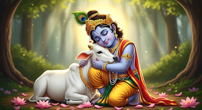 Lord Krishna with Cow: Divine Love and Devotion in a Forest Setting