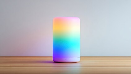 Cylindrical lamp with rainbow gradient light, sits on a wooden surface against a light background