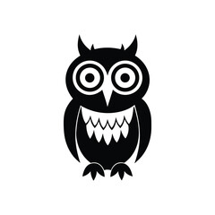 Obraz premium Black Silhouette of a Cartoon Owl with Big Eyes and Horns black and white illustration