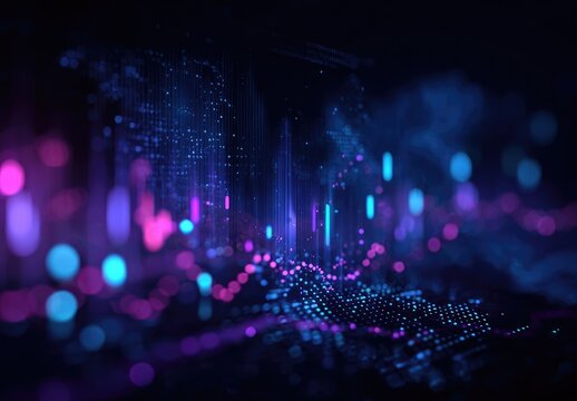 Abstract digital city landscape with vibrant, glowing data visualizations