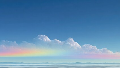 Obraz premium Pastel rainbow over fluffy clouds and hazy horizon