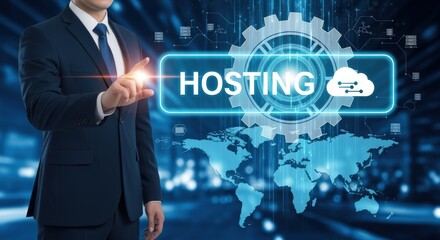 Professional Man Presenting Hosting Solutions with World Map and Gear Graphics for Global Business